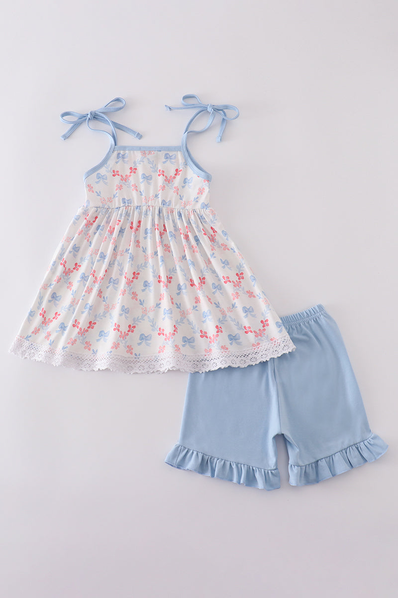 Blue bow lattice print set