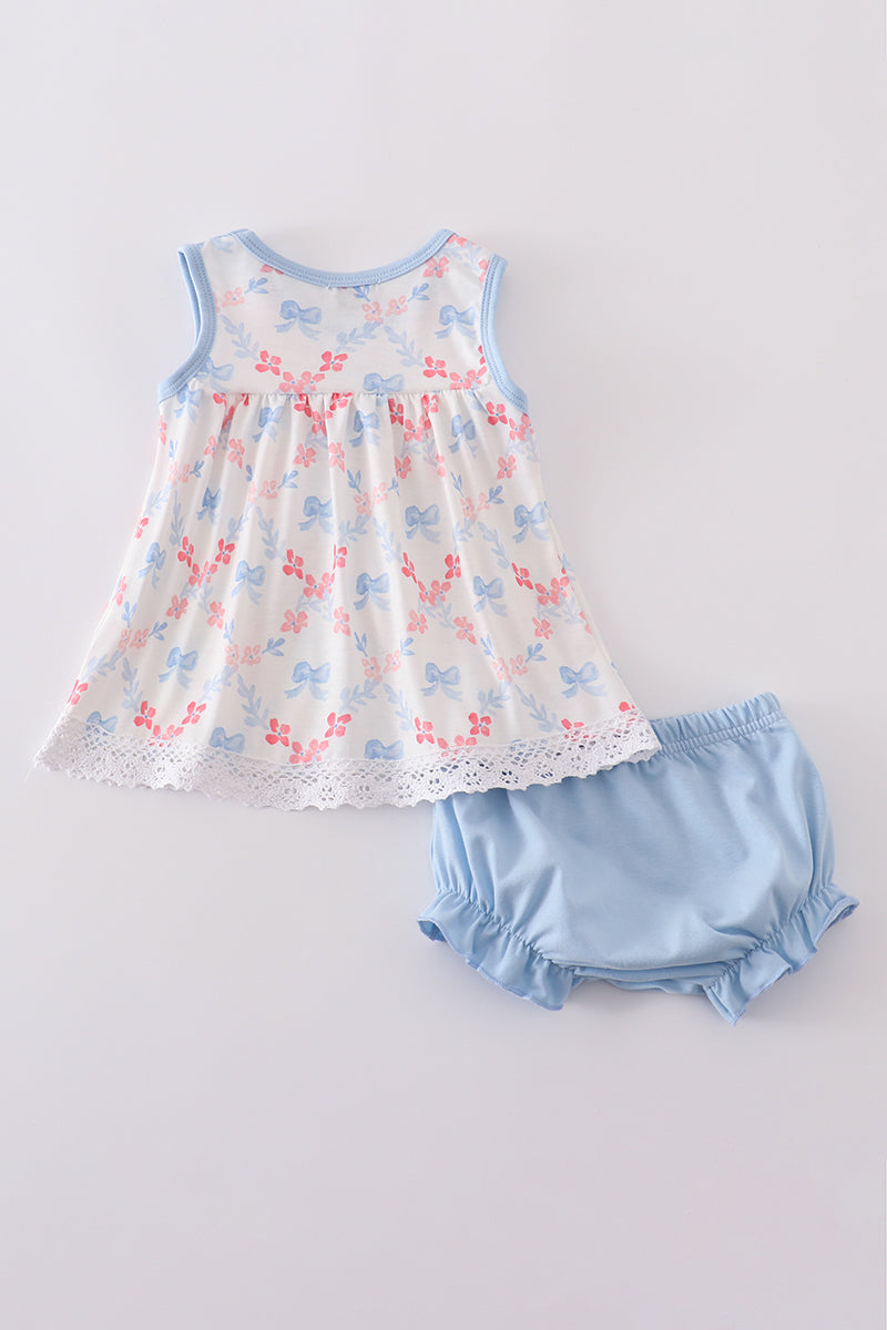 Blue bow lattice print  bloomer set