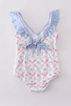 Blue bow lattice print  mom swimsuit