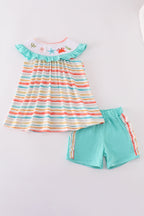Rainbow stripe marine creature embroidery smocked shorts set