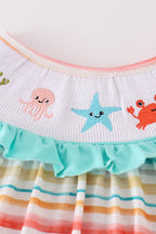 Rainbow stripe marine creature embroidery smocked shorts set