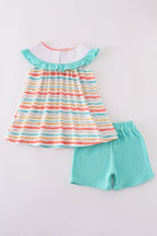 Rainbow stripe marine creature embroidery smocked shorts set