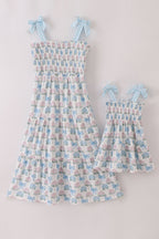 Blue hydrangea bow smocked mom&me dress