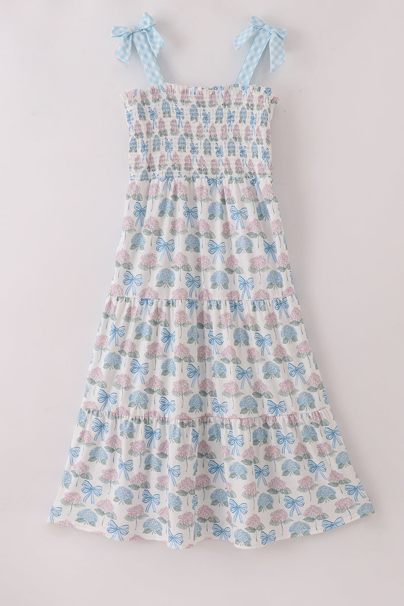 Blue hydrangea bow smocked mom&me dress