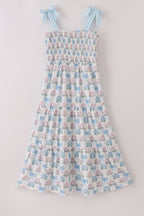 Blue hydrangea bow smocked mom&me dress