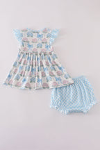 Blue hydrangea bow print ruffle bloomer set