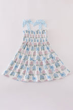 Blue hydrangea bow smocked mom&me dress