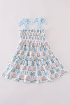 Blue hydrangea bow smocked mom&me dress