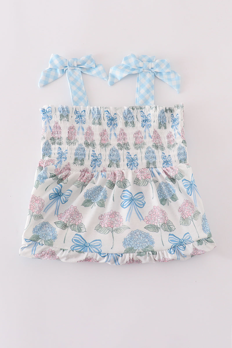 Blue hydrangea bow smocked mom&me dress