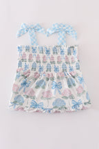 Blue hydrangea bow smocked mom&me dress