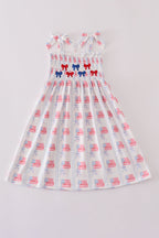 Bow embroidery smocked dress