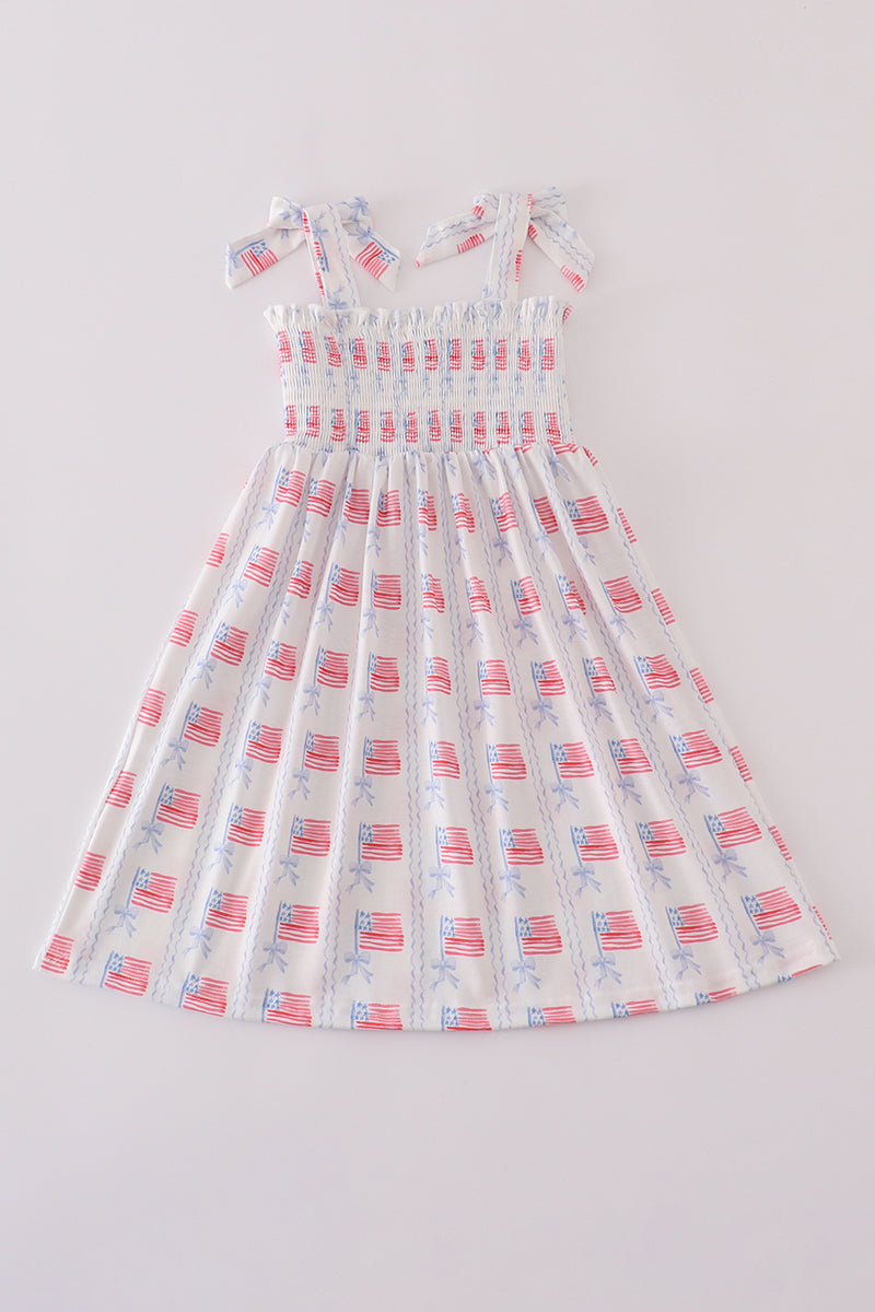 Bow embroidery smocked dress