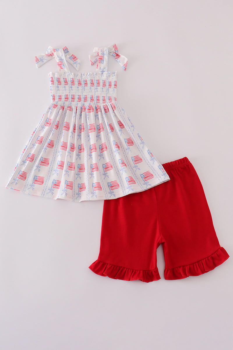 Bow embroidery smocked shorts set