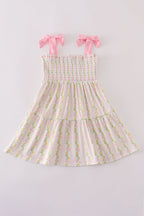 Pink lemon print bow smocked tiered mom&me dress