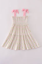 Pink lemon print bow smocked tiered mom&me dress