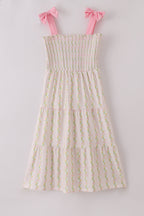 Pink lemon print bow smocked tiered mom&me dress