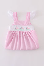 Pink stripe seersucker sailboat embroidery smocked dress