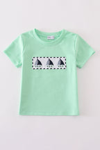 Green seersucker sailboat embroidery top