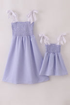 Blue stripe seersucker smocked mom&me dress