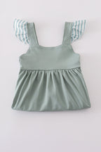 Sage stripe flutter trim ruffle dress