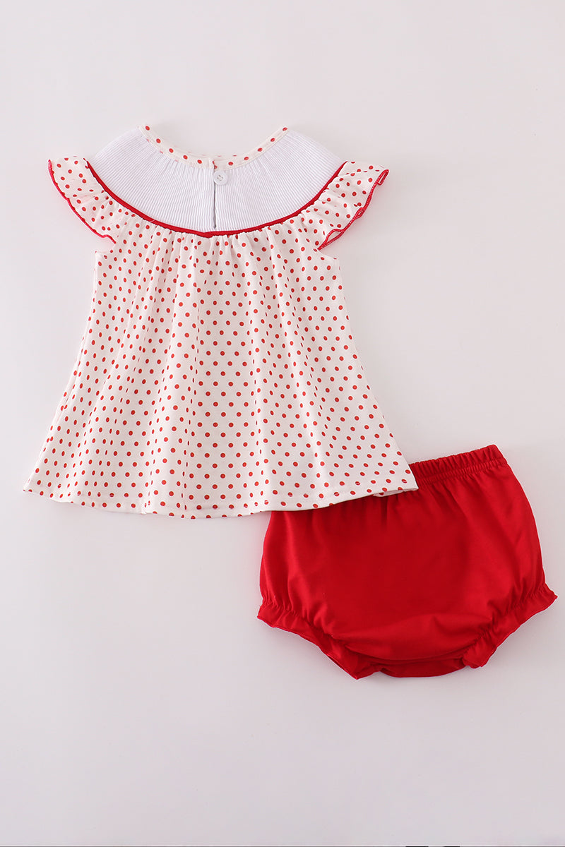 Red dot strawberry embroidery smocked bloomer set