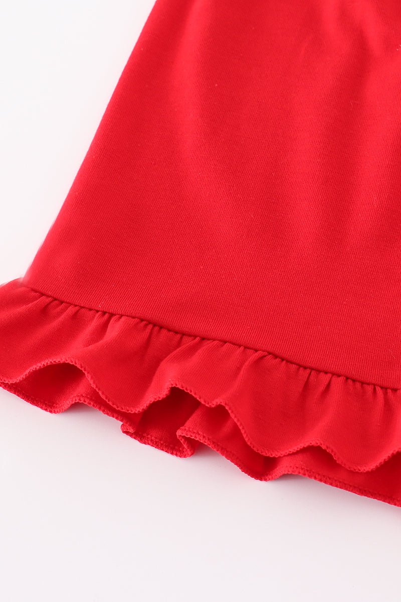 Red dot strawberry embroidery smocked shorts set