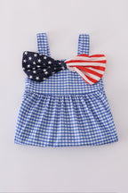 Blue flag bow gingham shorts set