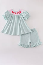 Blue bow pearl smocked ruffle shorts set
