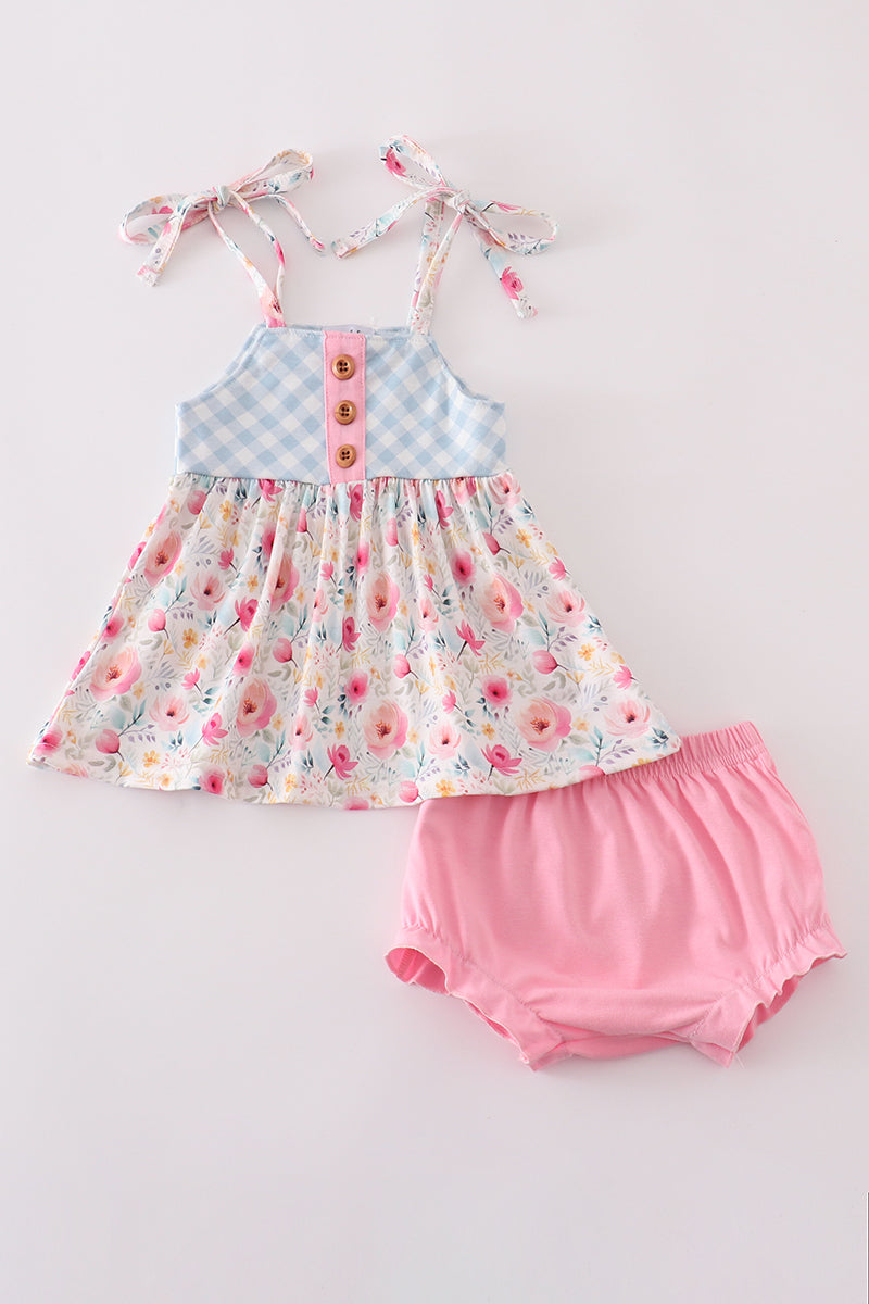 Pink floral print strap bloomer set