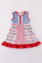 Blue bow print ruffle dress