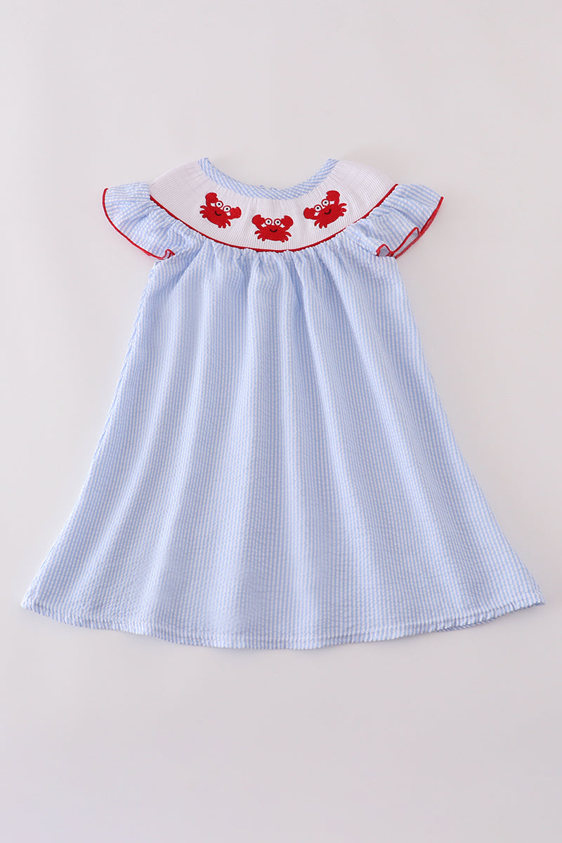 Blue seersucker crab embroidery smocked dress