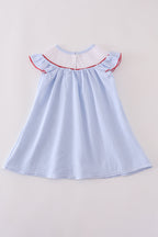 Blue seersucker crab embroidery smocked dress