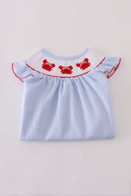 Blue seersucker crab embroidery smocked dress