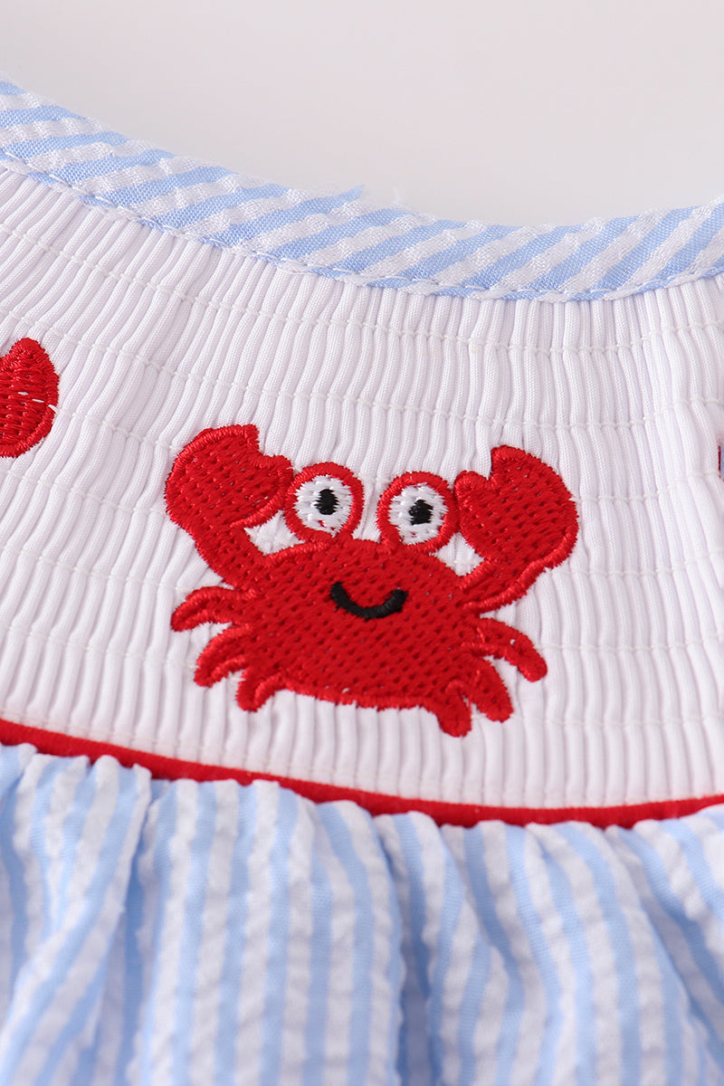 Blue seersucker crab embroidery smocked dress