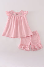 Pink floral smocked shorts set