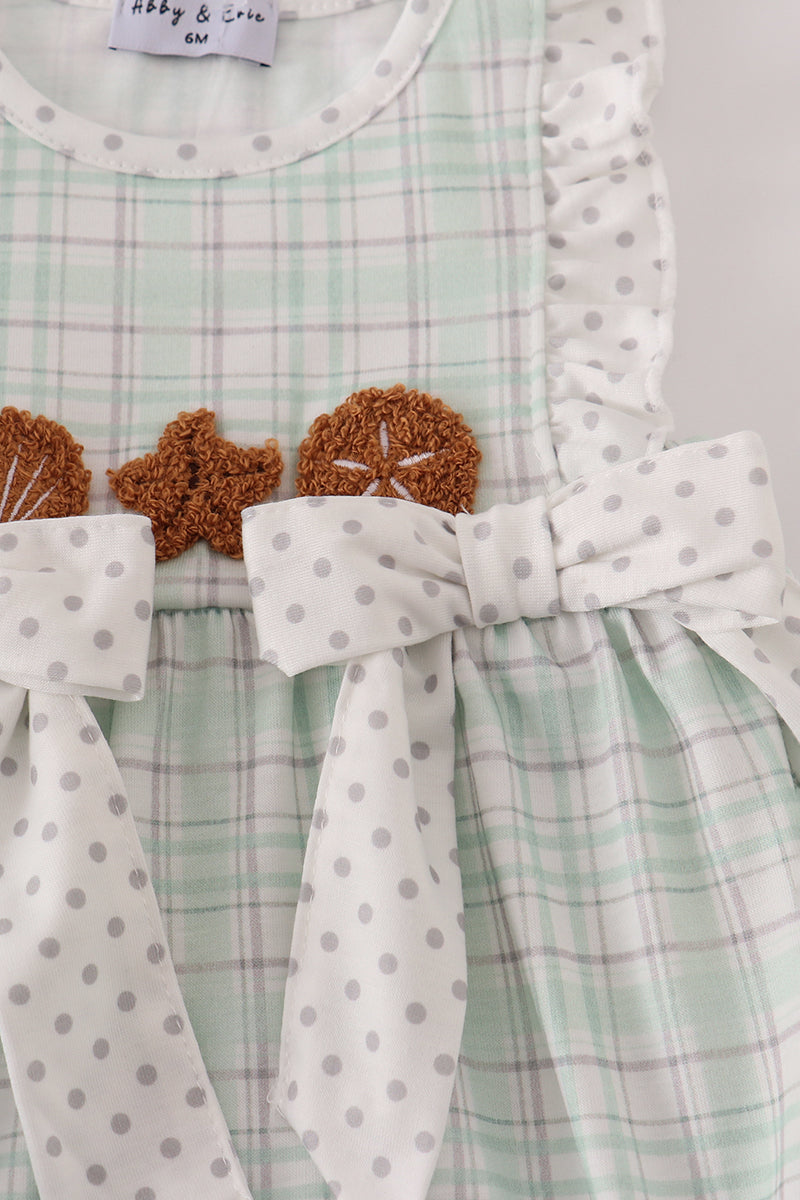 Green plaid sea shell french knot ruffle bubble