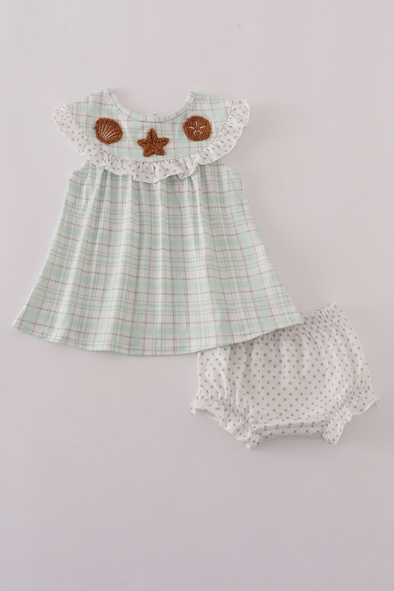 Green plaid sea shell french knot ruffle bloomer set