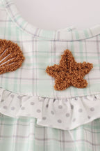 Green plaid sea shell french knot ruffle bloomer set