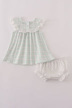 Green plaid sea shell french knot ruffle bloomer set