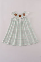 Green plaid sea shell french knot ruffle dress