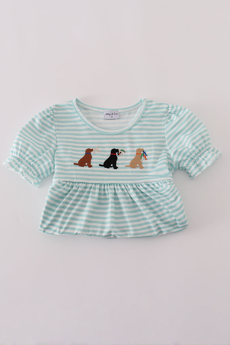Green stripe puppy hunting embroidery shorts set
