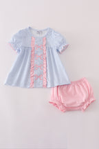 Blue bow embroidery gingham ruffle bloomer set