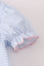 Blue bow embroidery gingham ruffle bloomer set