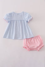 Blue bow embroidery gingham ruffle bloomer set