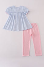 Blue bow embroidery gingham ruffle pants set