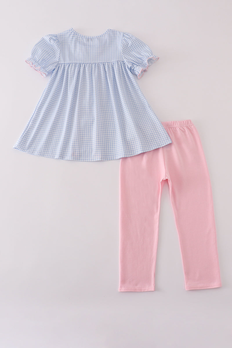 Blue bow embroidery gingham ruffle pants set
