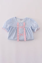 Blue bow embroidery gingham ruffle pants set