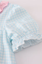 Blue bow embroidery gingham ruffle pants set