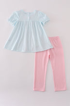 Blue bow embroidery gingham ruffle pants set