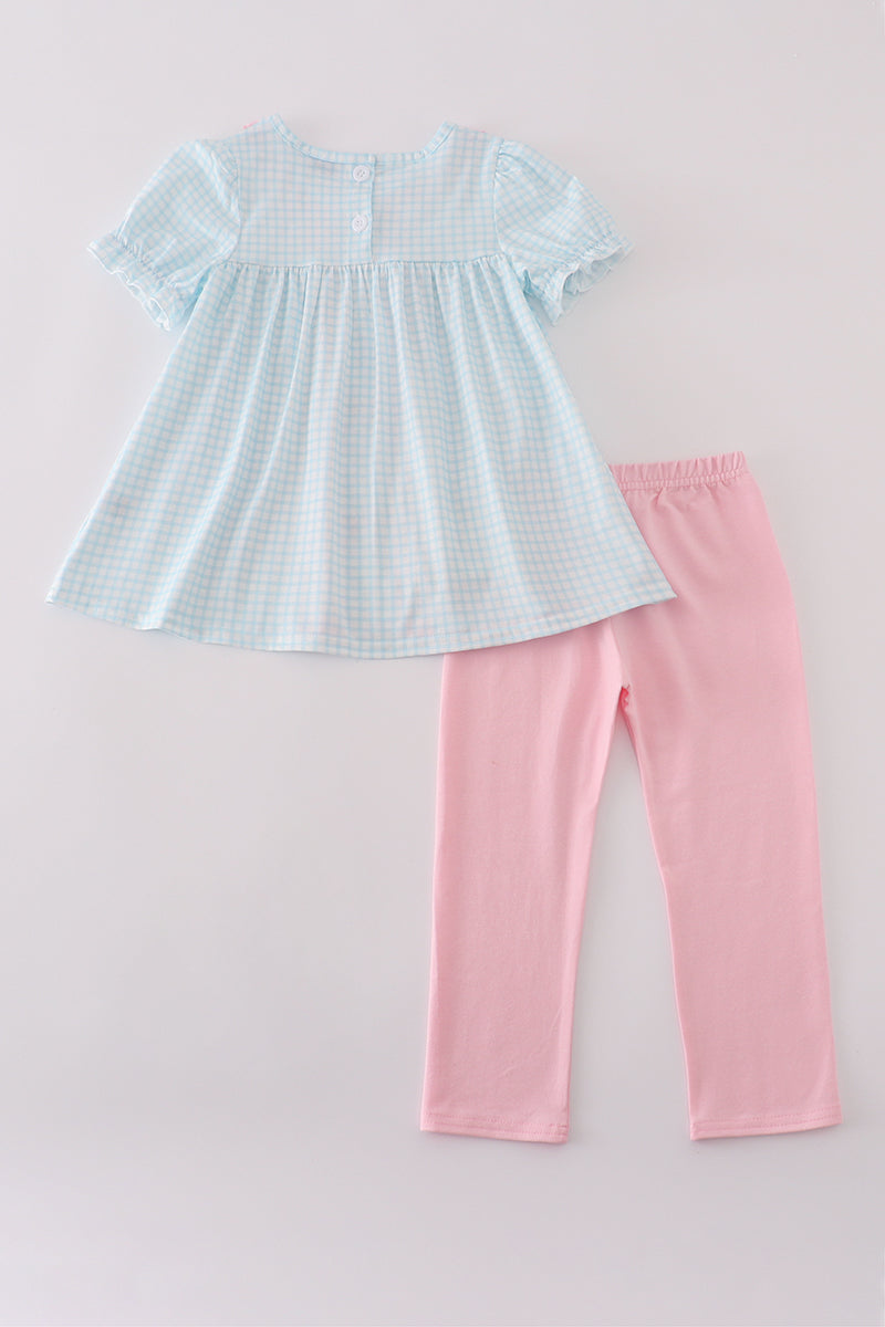 Blue bow embroidery gingham ruffle pants set